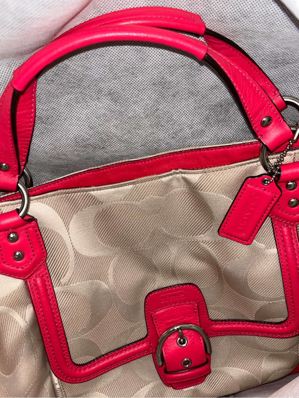 Coach Beige and Red ,Pink Signature Canvas Tote with Detachable Strap